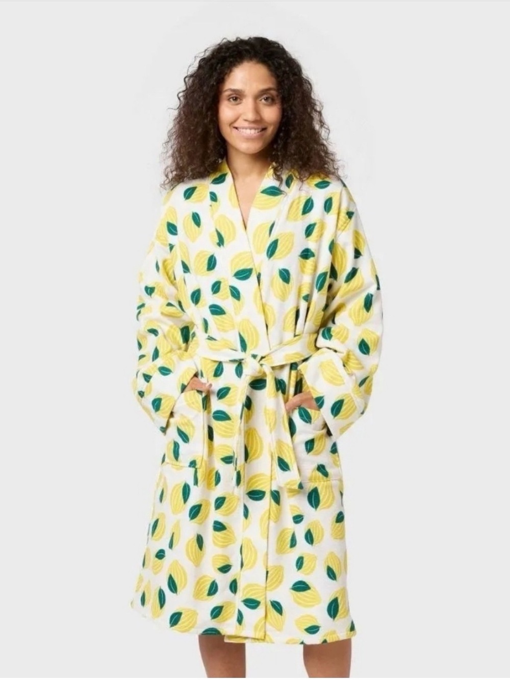NEW ROOM ESSENTIALS Lemon Bath Robe L/XL Wrap Tie STUNNING